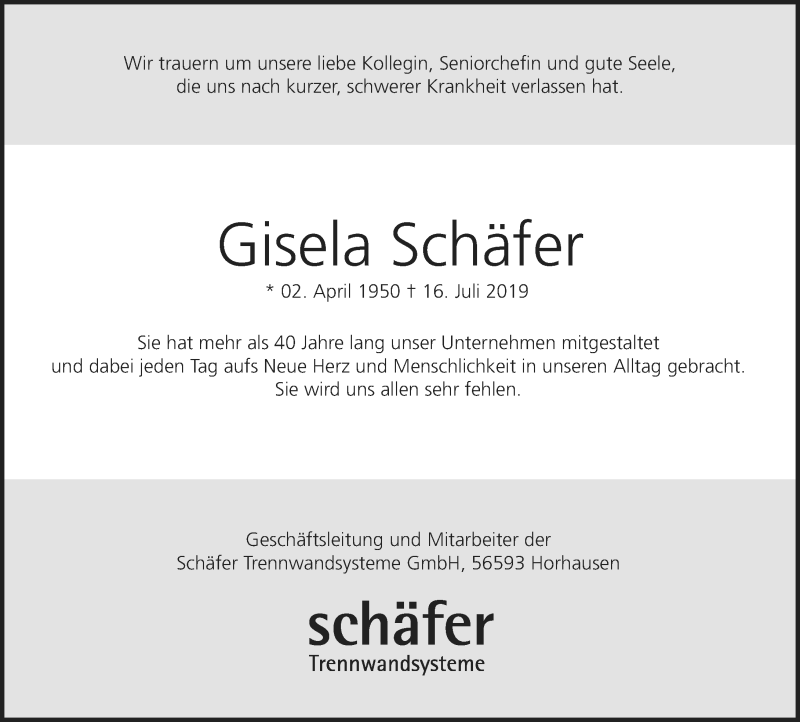 Traueranzeigen von Gisela Schäfer rz trauer de