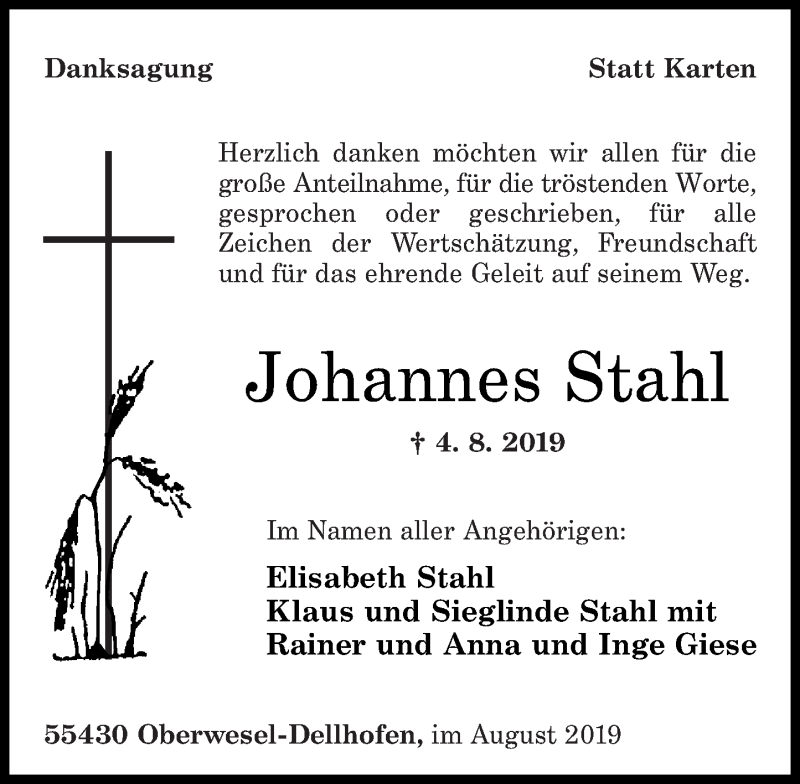 Traueranzeigen Von Johannes Stahl Rz Trauer De