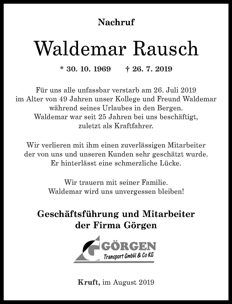 Traueranzeigen Von Waldemar Rausch Rz Trauer De