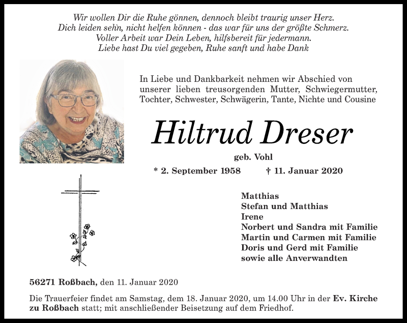 Traueranzeigen Von Hiltrud Dreser Rz Trauer De