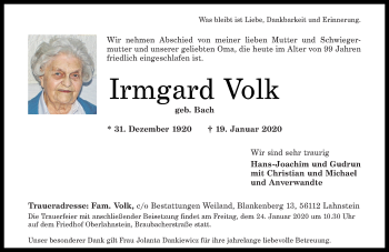 Traueranzeigen Von Irmgard Volk Rz Trauer De