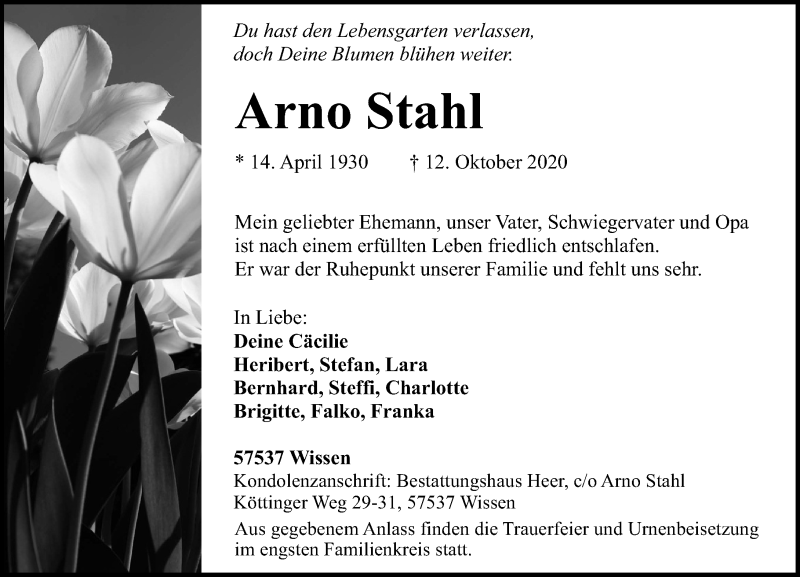 Traueranzeigen Von Arno Stahl Rz Trauer De