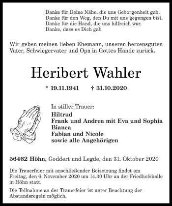 Traueranzeigen Von Heribert Wahler Rz Trauer De