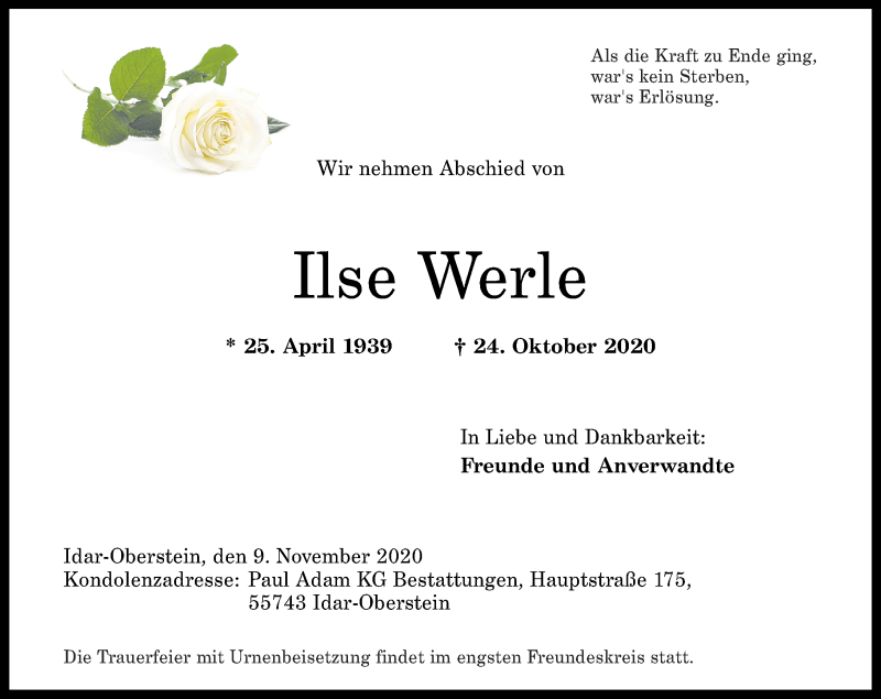 Traueranzeigen Von Ilse Werle Rz Trauer De