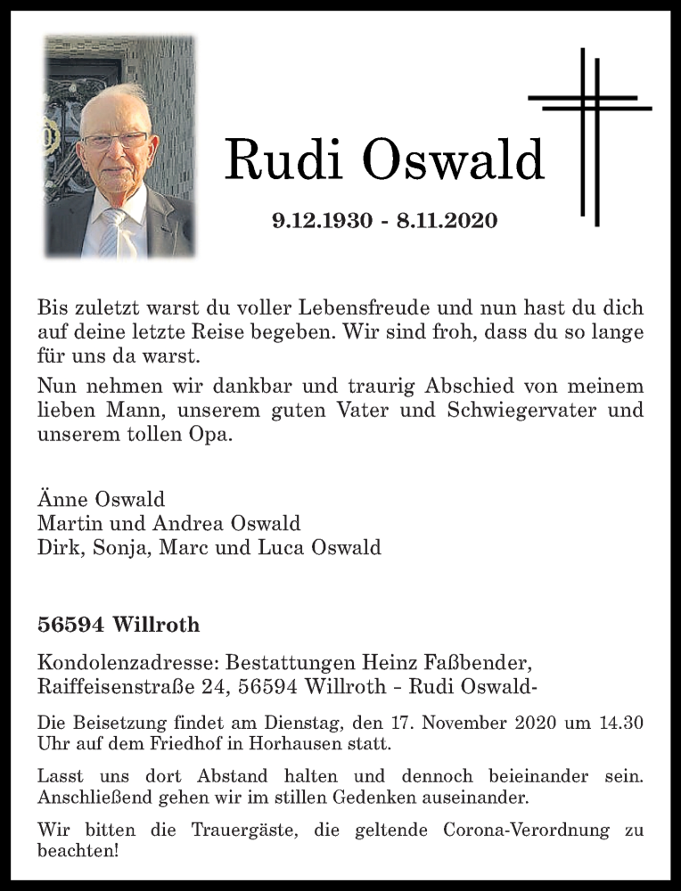 Traueranzeigen Von Rudi Oswald Rz Trauer De