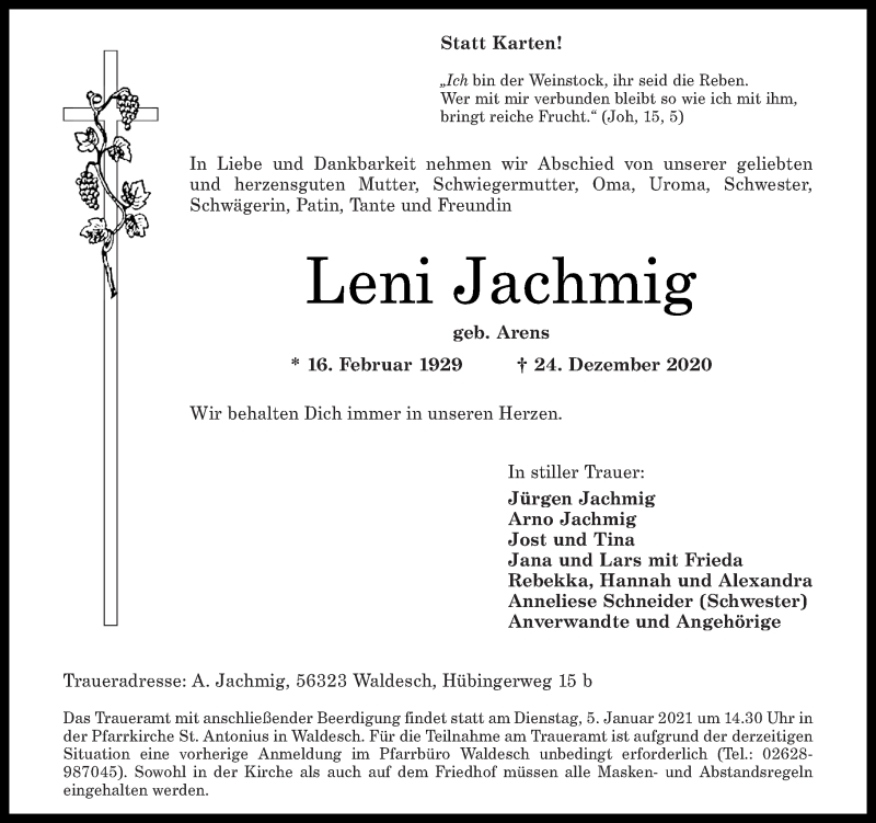 Traueranzeigen Von Leni Jachmig Rz Trauer De