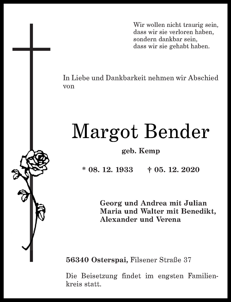 Traueranzeigen Von Margot Bender Rz Trauer De