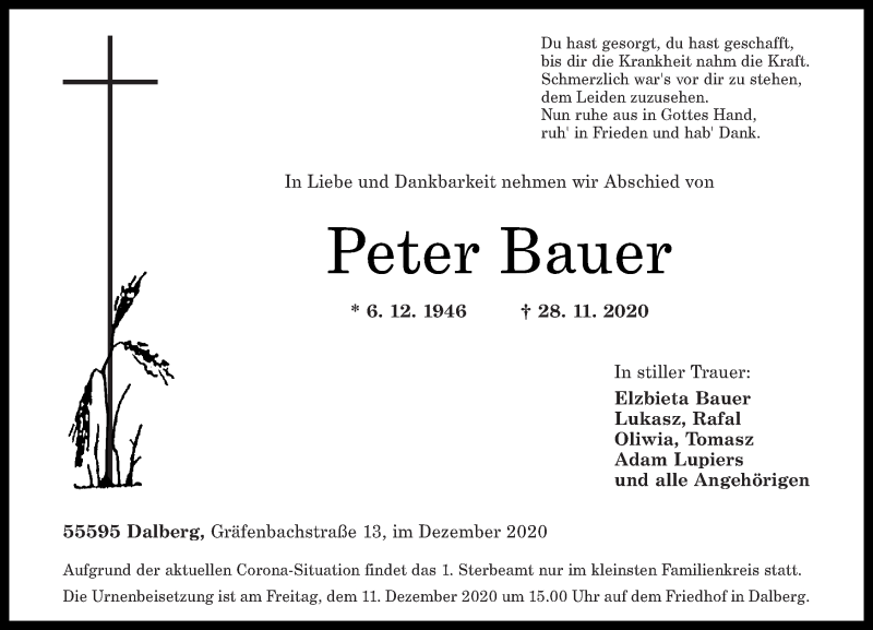 Traueranzeigen Von Peter Bauer Rz Trauer De