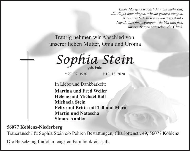 Traueranzeigen Von Sophia Stein Rz Trauer De