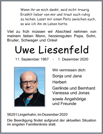 Traueranzeigen Von Uwe Liesenfeld Rz Trauer De