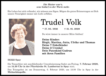 Traueranzeigen Von Trudel Volk Rz Trauer De