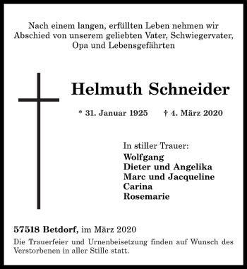 Traueranzeigen Von Helmuth Schneider Rz Trauer De