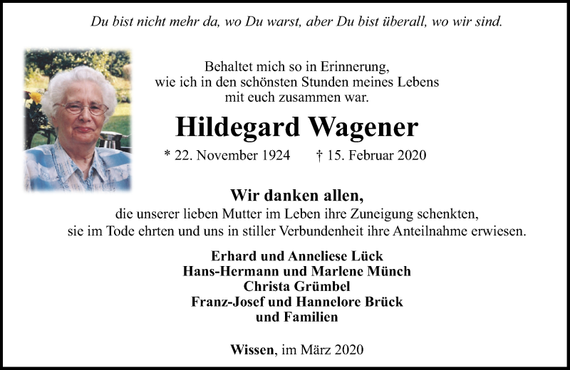 Traueranzeigen Von Hildegard Wagener Rz Trauer De