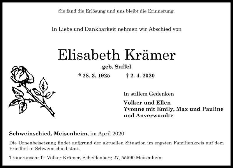 Traueranzeigen von Elisabeth Krämer rz Trauer de