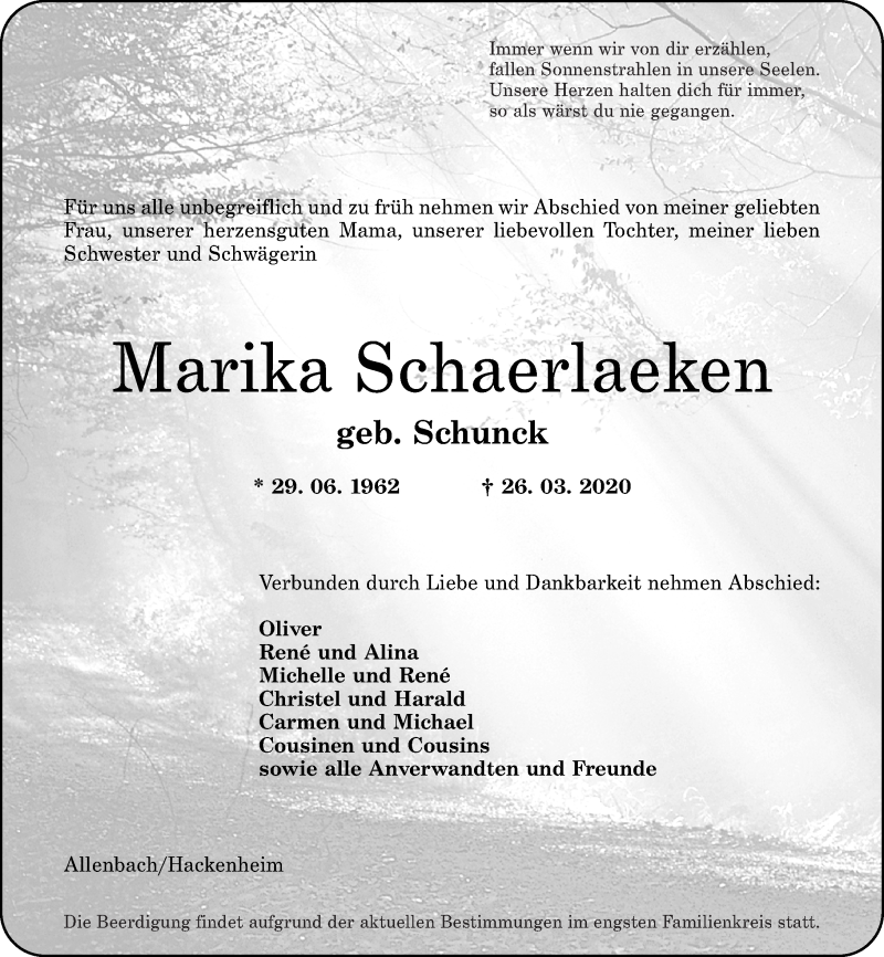 Traueranzeigen Von Marika Schaerlaeken Rz Trauer De