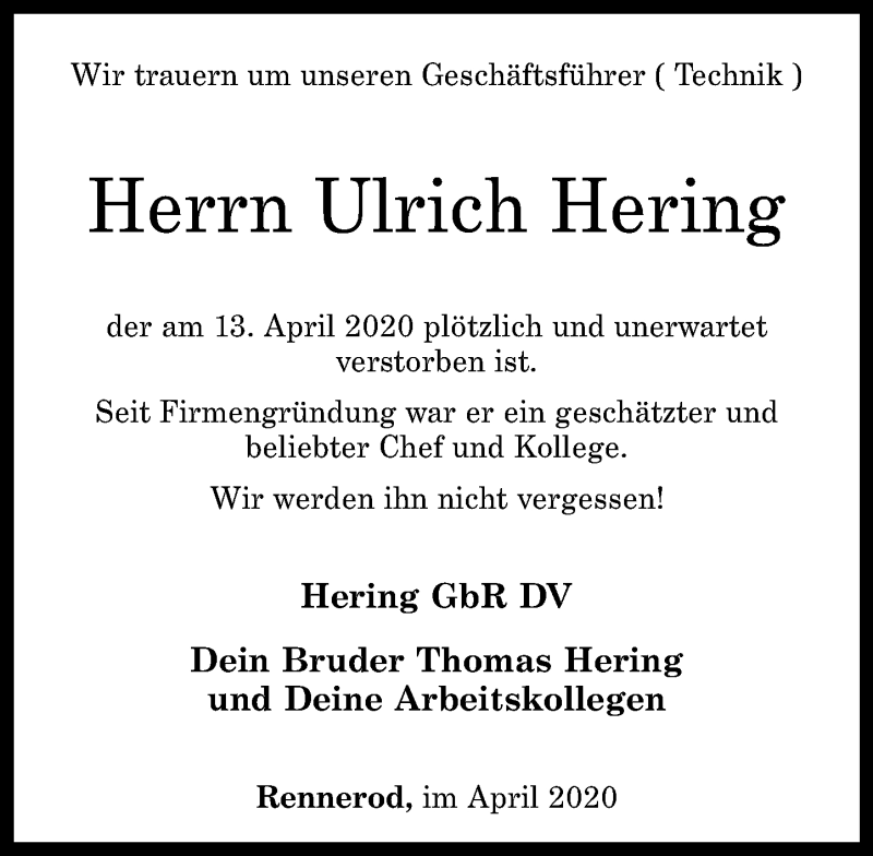 Traueranzeigen Von Ulrich Hering Rz Trauer De