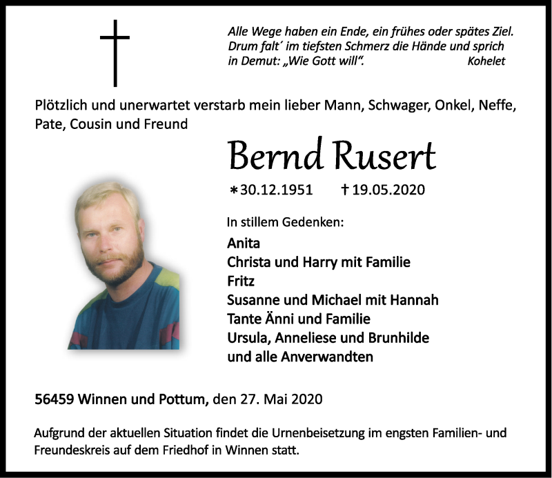 Traueranzeigen Von Bernd Rusert Rz Trauer De