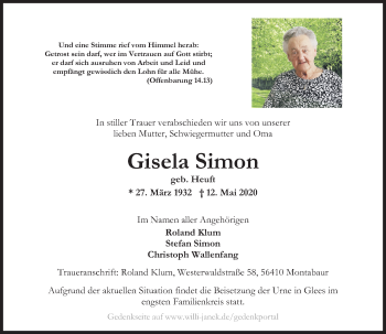 Traueranzeigen Von Gisela Simon Rz Trauer De