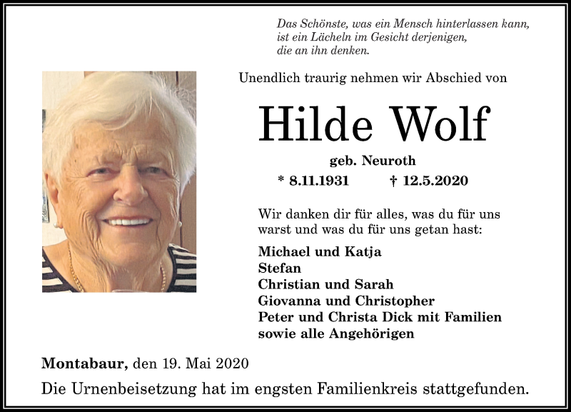 Traueranzeigen Von Hilde Wolf Rz Trauer De