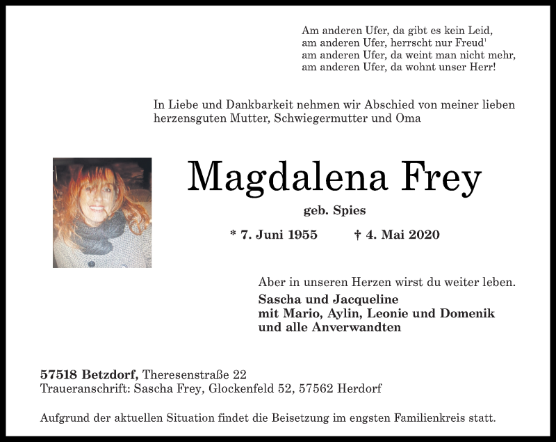 Traueranzeigen Von Magdalena Frey Rz Trauer De