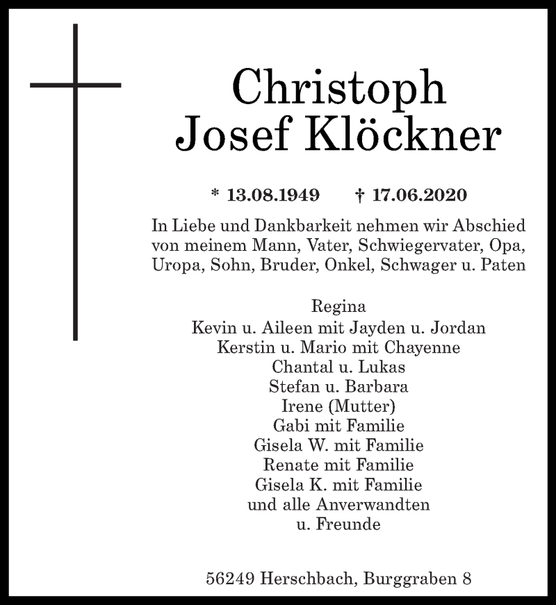 Traueranzeigen von Christoph Josef Klöckner rz trauer de