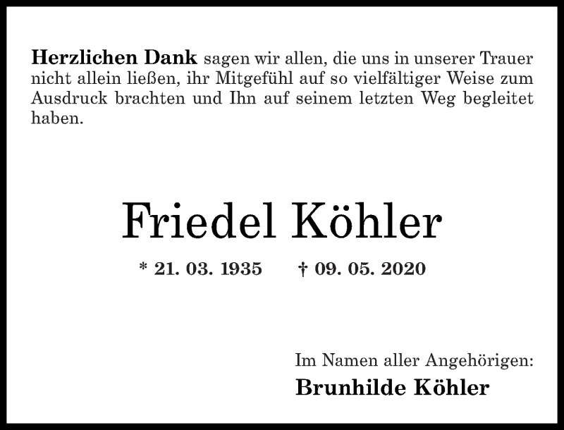 Traueranzeigen von Friedel Köhler rz trauer de