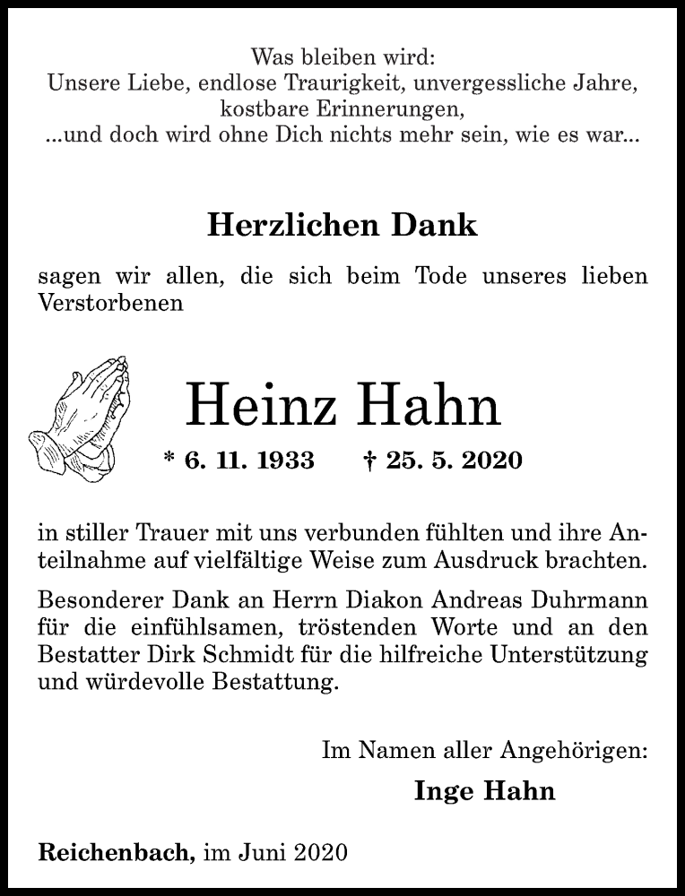 Traueranzeigen Von Heinz Hahn Rz Trauer De