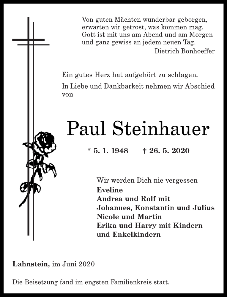 Traueranzeigen Von Paul Steinhauer Rz Trauer De