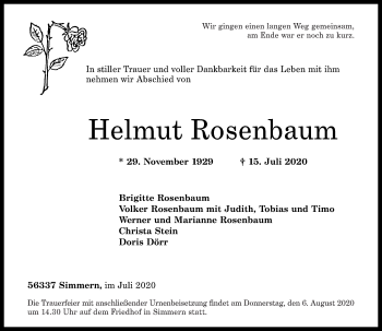 Traueranzeigen Von Helmut Rosenbaum Rz Trauer De