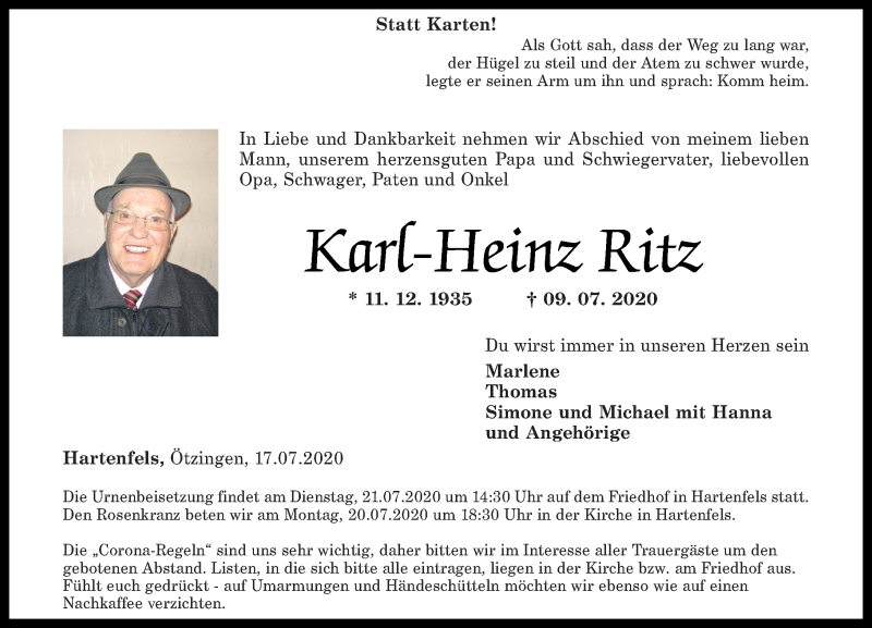 Traueranzeigen Von Karl Heinz Ritz Rz Trauer De