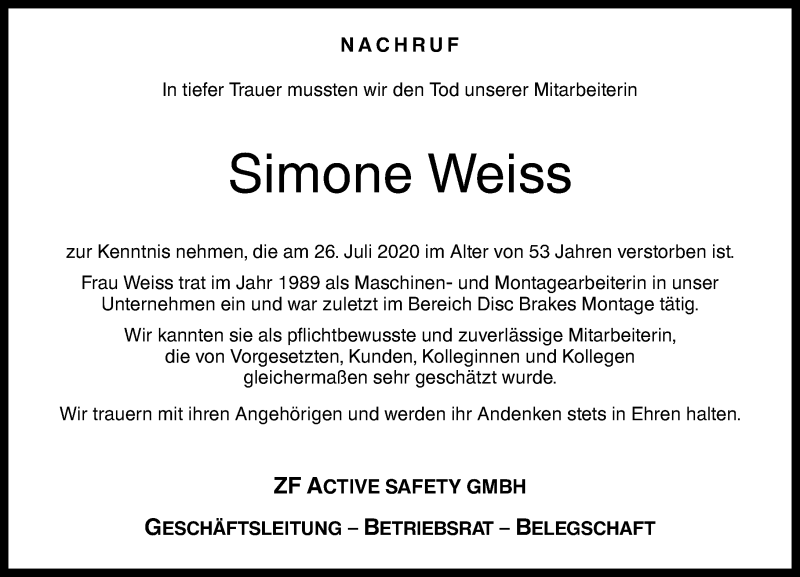 Traueranzeigen Von Simone Weiss Rz Trauer De