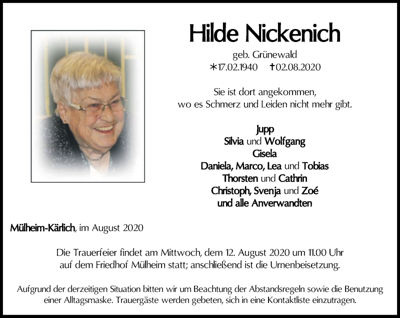 Traueranzeigen Von Hilde Nickenich Rz Trauer De