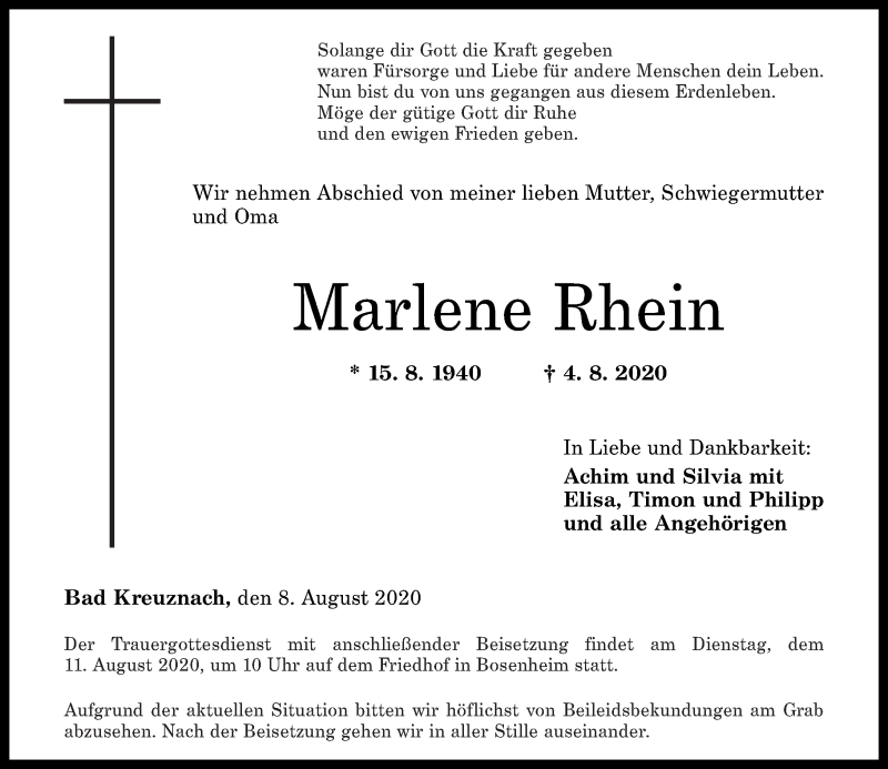 Traueranzeigen Von Marlene Rhein Rz Trauer De