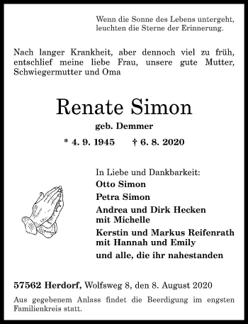 Traueranzeigen Von Renate Simon Rz Trauer De