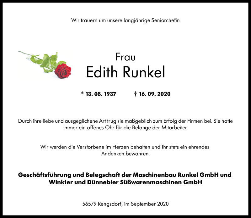 Traueranzeigen Von Edith Runkel Rz Trauer De