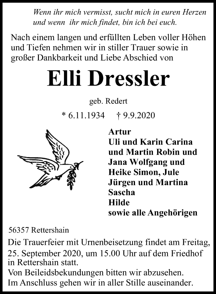 Traueranzeigen Von Elli Dressler Rz Trauer De