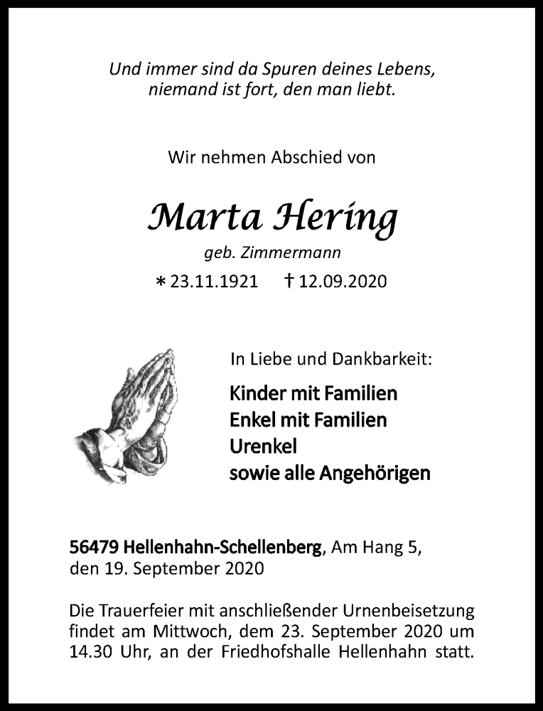 Traueranzeigen Von Marta Hering Rz Trauer De