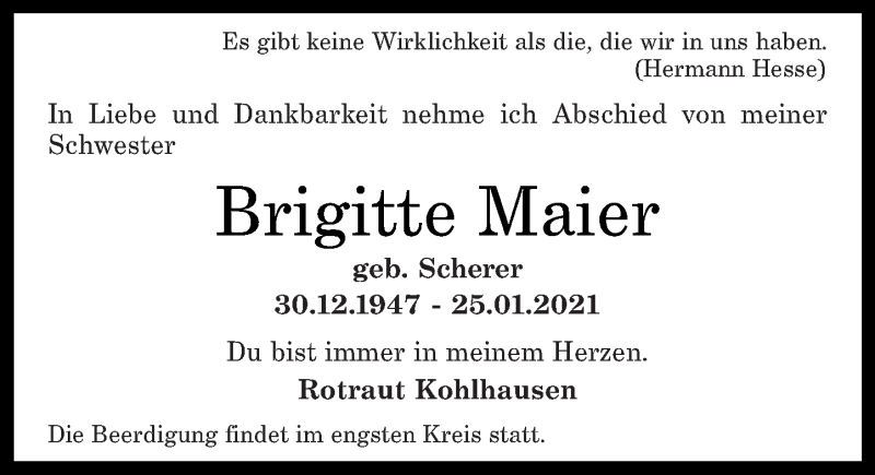 Traueranzeigen Von Brigitte Maier Rz Trauer De