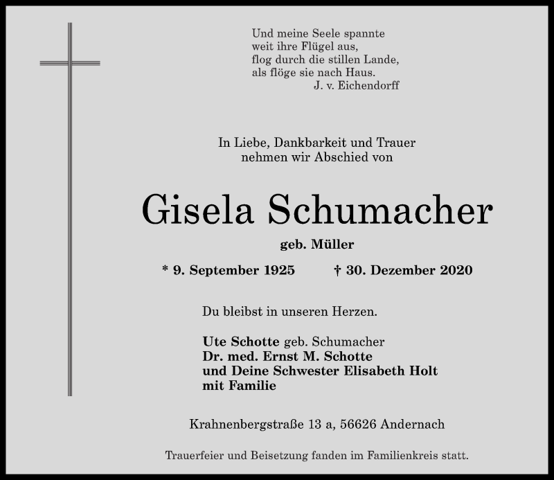 Traueranzeigen Von Gisela Schumacher Rz Trauer De