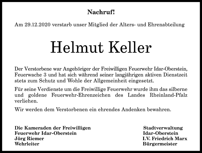 Traueranzeigen Von Helmut Keller Rz Trauer De