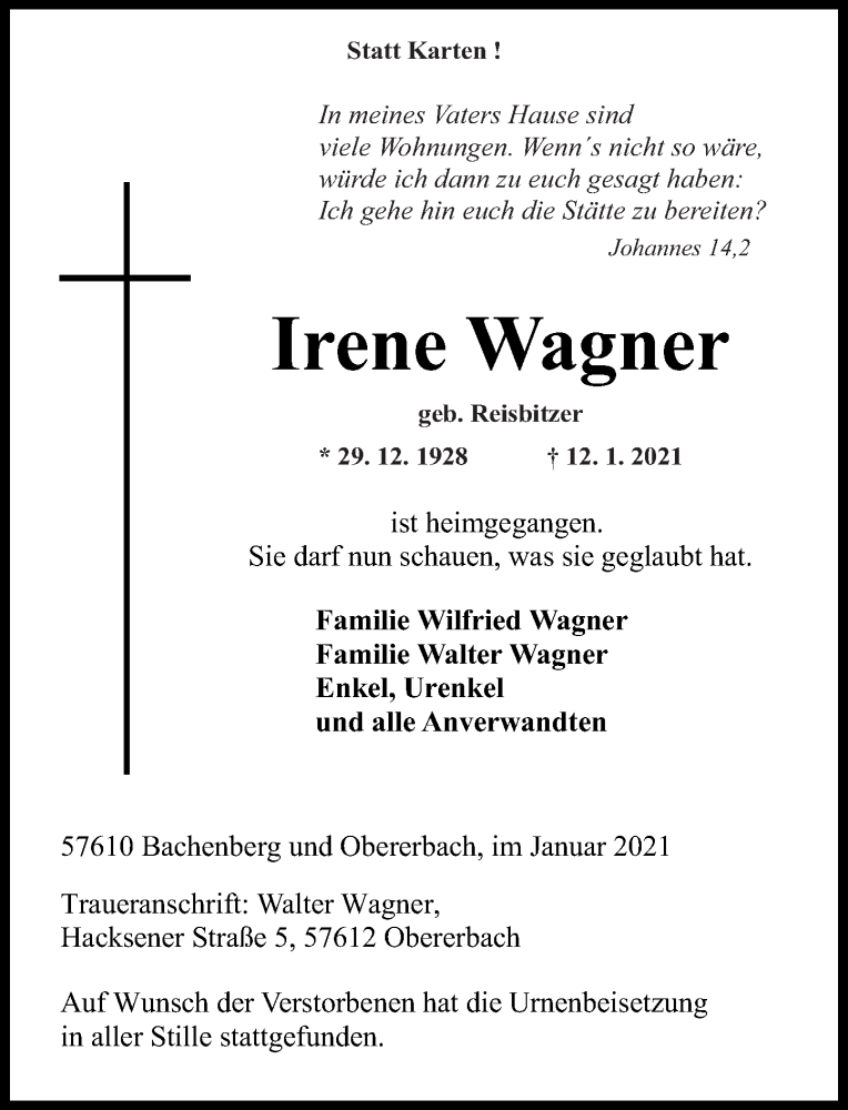 Traueranzeigen Von Irene Wagner Rz Trauer De