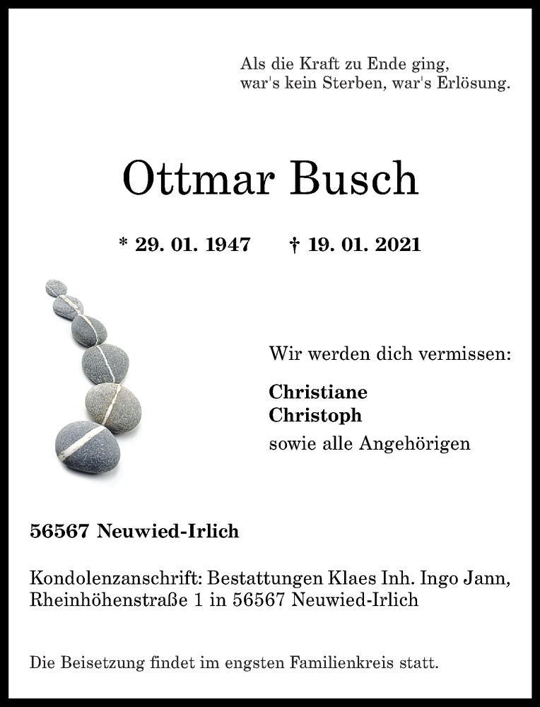 Traueranzeigen Von Ottmar Busch Rz Trauer De