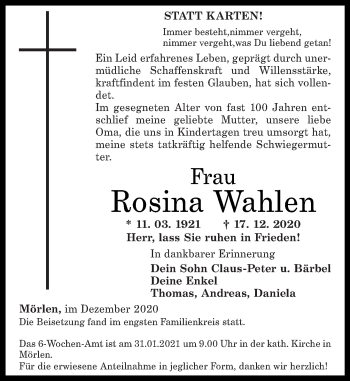 Traueranzeigen Von Rosina Wahlen Rz Trauer De