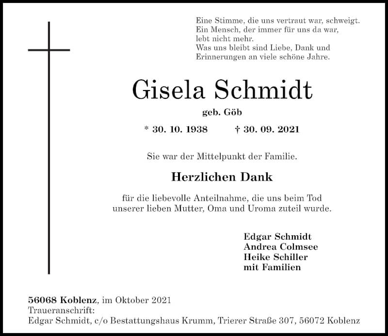 Traueranzeigen Von Gisela Schmidt Rz Trauer De