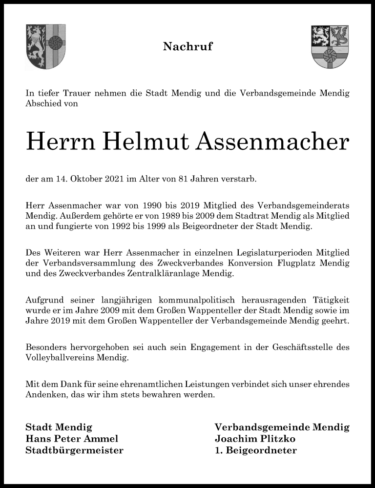 Traueranzeigen Von Helmut Assenmacher Rz Trauer De