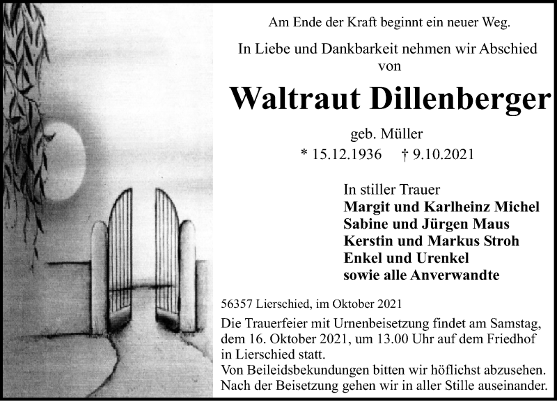 Traueranzeigen Von Waltraut Dillenberger Rz Trauer De