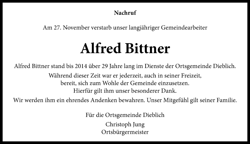 Traueranzeigen Von Alfred Bittner Rz Trauer De