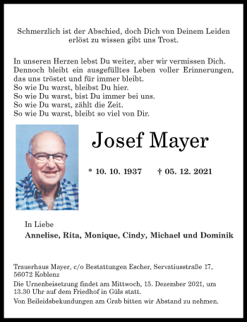 Traueranzeigen Von Josef Mayer Rz Trauer De