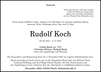 Traueranzeigen Von Rudolf Koch Rz Trauer De