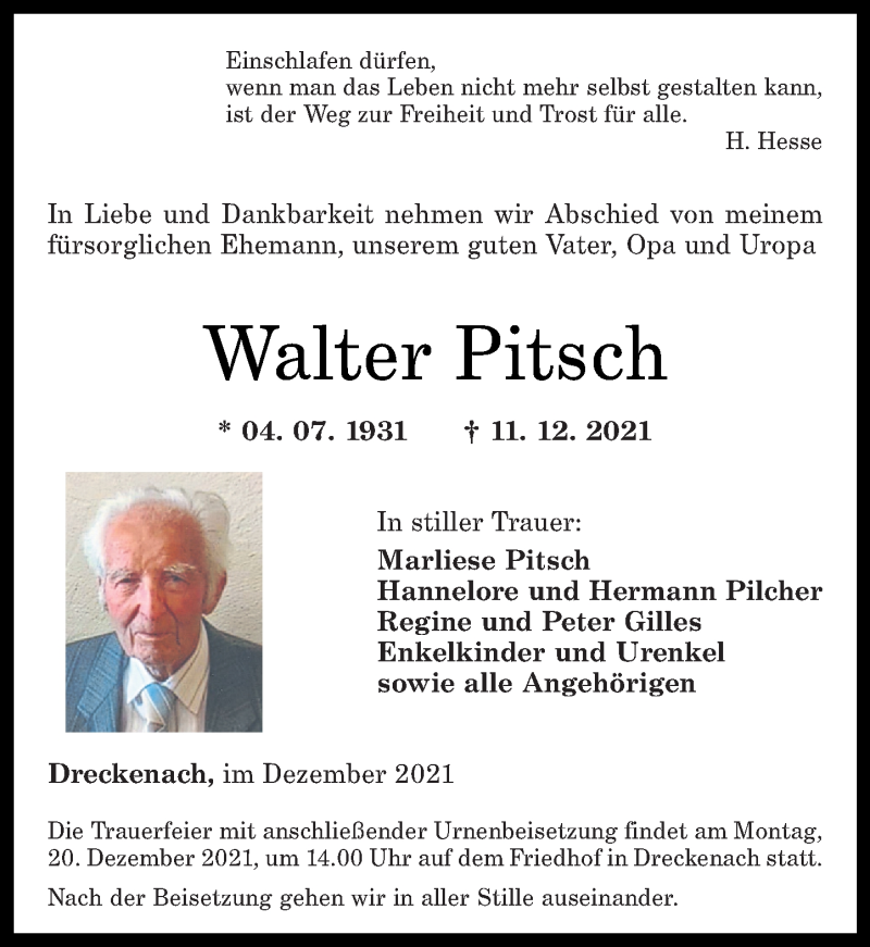 Traueranzeigen Von Walter Pitsch Rz Trauer De